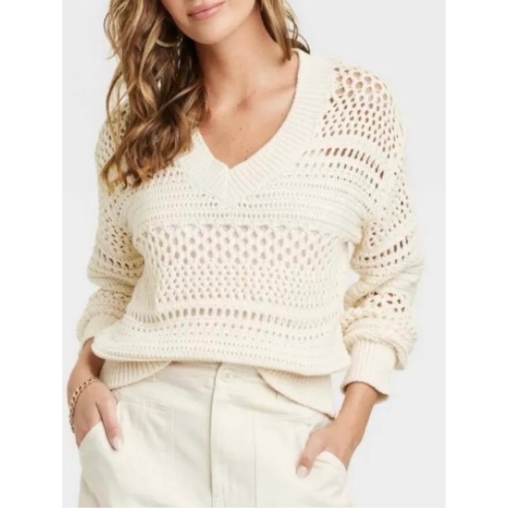 Universal Thread Cream Open Knit V-Neck Sweater Small Ivory Crochet Pointelle